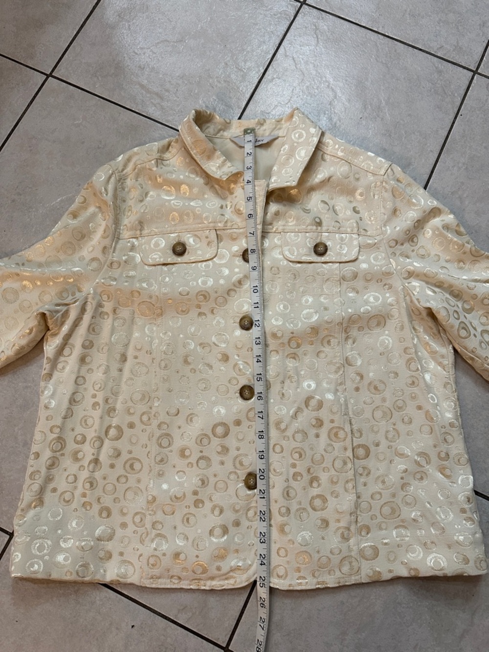 TANJAY Light Ivory 90’s Retro Jacket, Gold Tone Jacquard Pattern Sz Petite L-XL - Picture 9 of 10